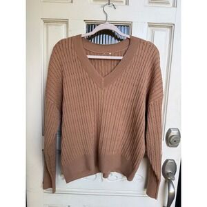Anne Klein Womens Camel Brown Cable Knit V-Neck Pullover Sweater Size Medium